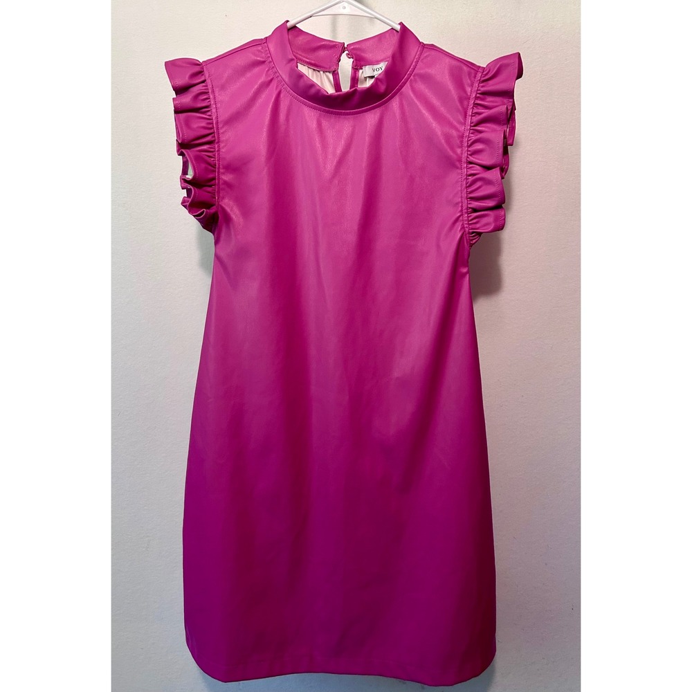 VOY Magenta Faux Leather Ruffle Sleeve Mock‎ Neck Shift Mini Dress Large 33057